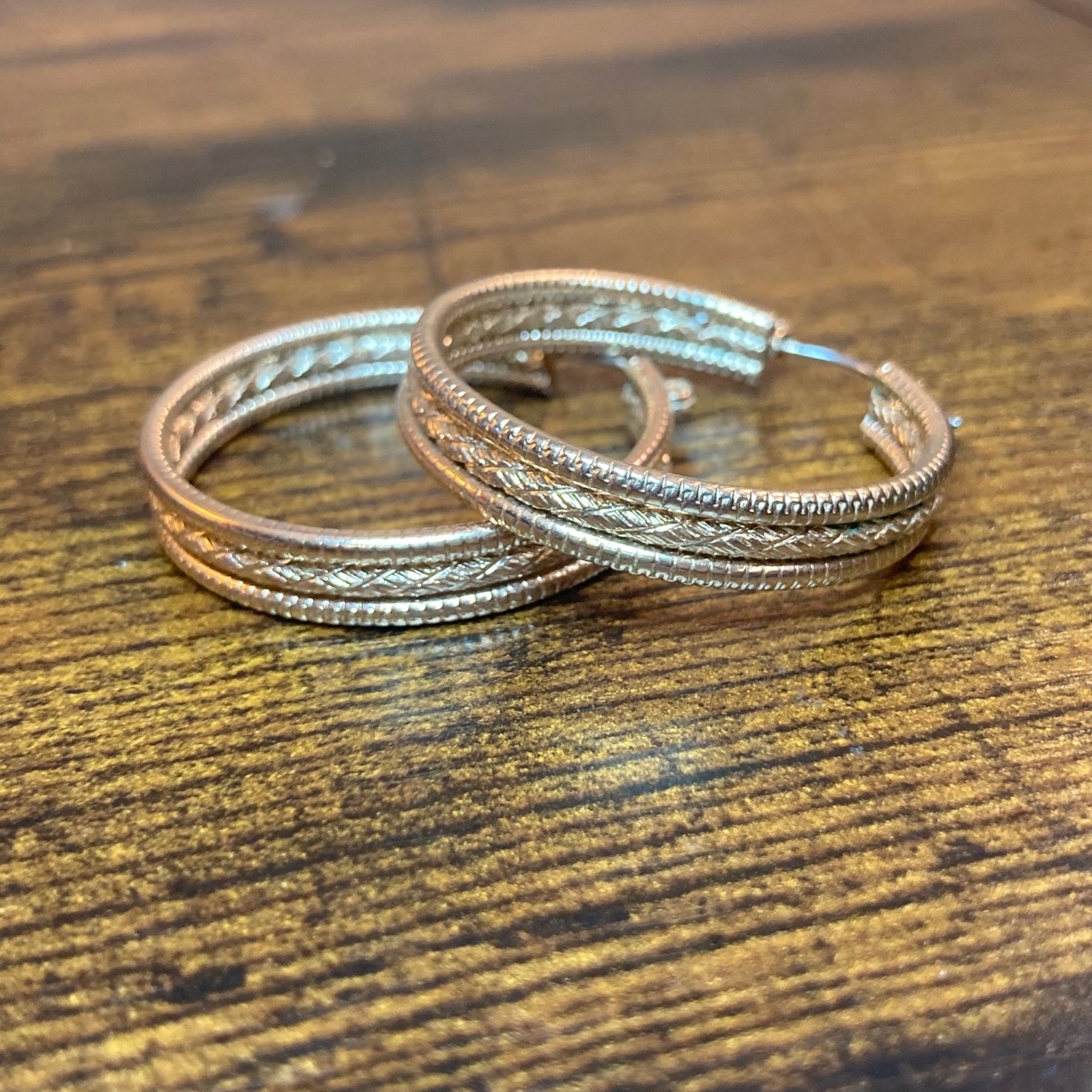 Textured Triple Row Braided Silver Tone Hoop Earrings Latch Back 1.25 Inch