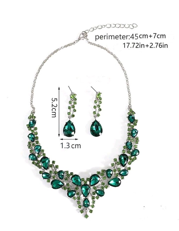 Silver-Plated Zinc Green CZ Cluster Necklace And Earrings Set