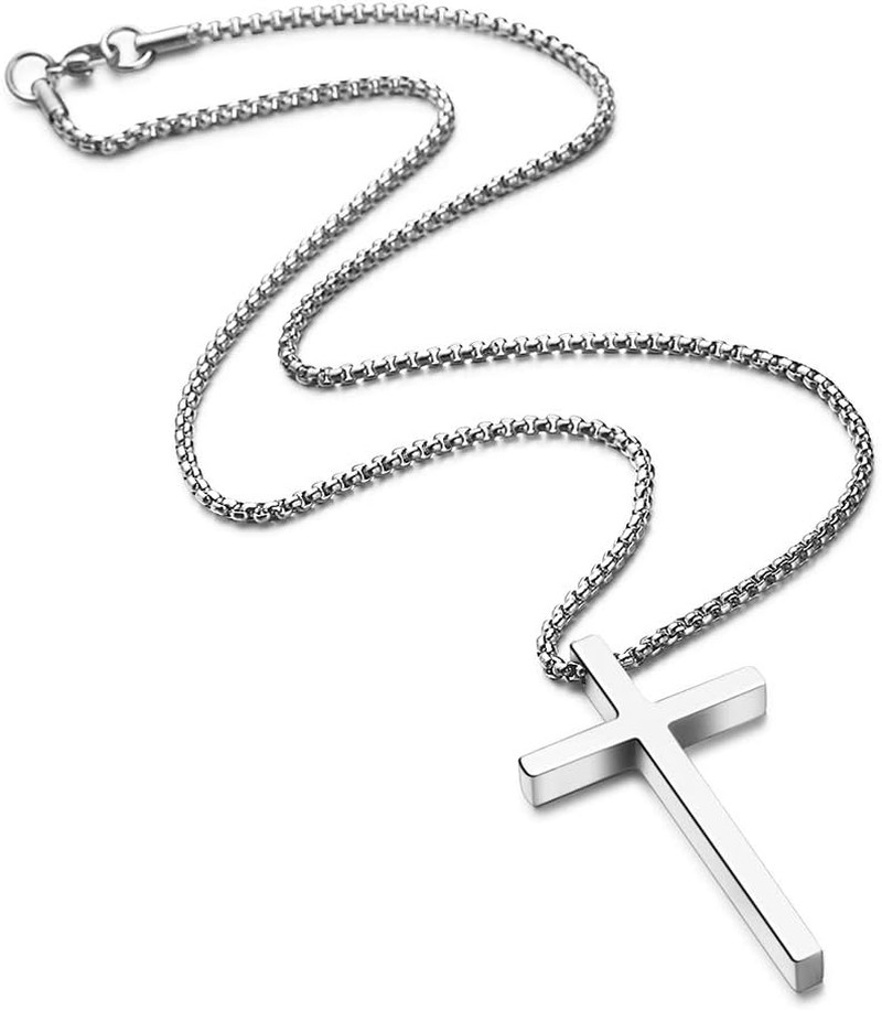 Cross Necklace for Men Teen Boys, Silver Black Gold Stainless Steel Plain Cross
