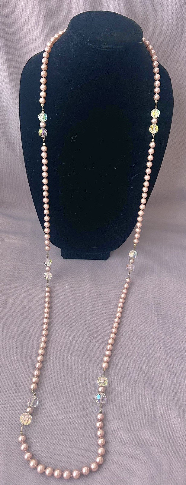 Vintage Elegant Long Dusty Pink Faux Pearl & Crystal Accent Bead Necklace-26 in