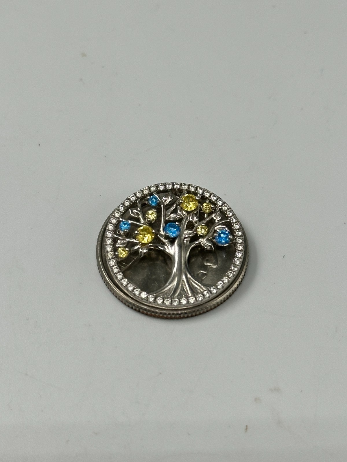 Tree of Life Sterling Silver Pendant 925 Green Blue Stone Round Family