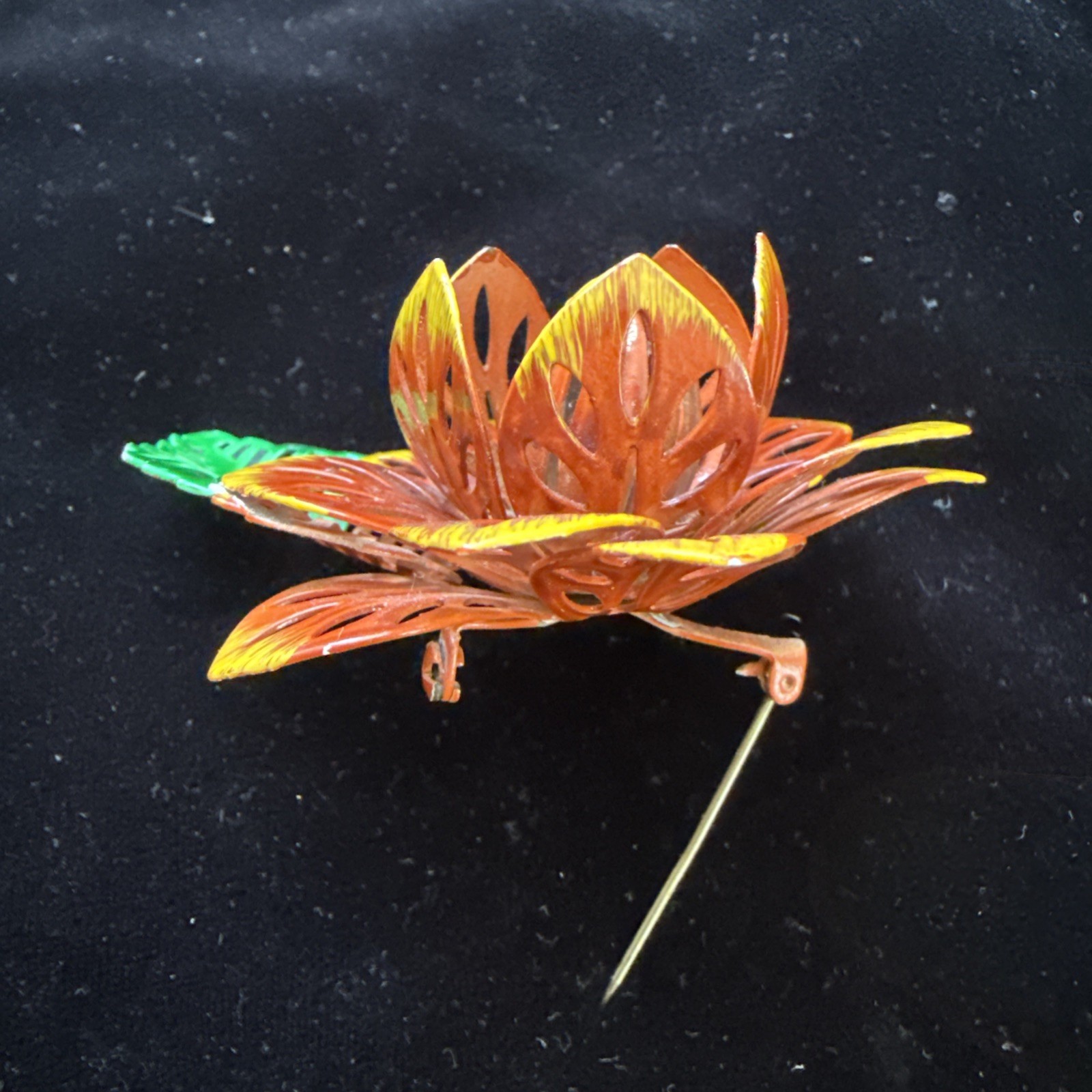 Vintage Orange Yellow Sunface Green Leaf Lotus Flower Brooch 1960’s Rare Metal