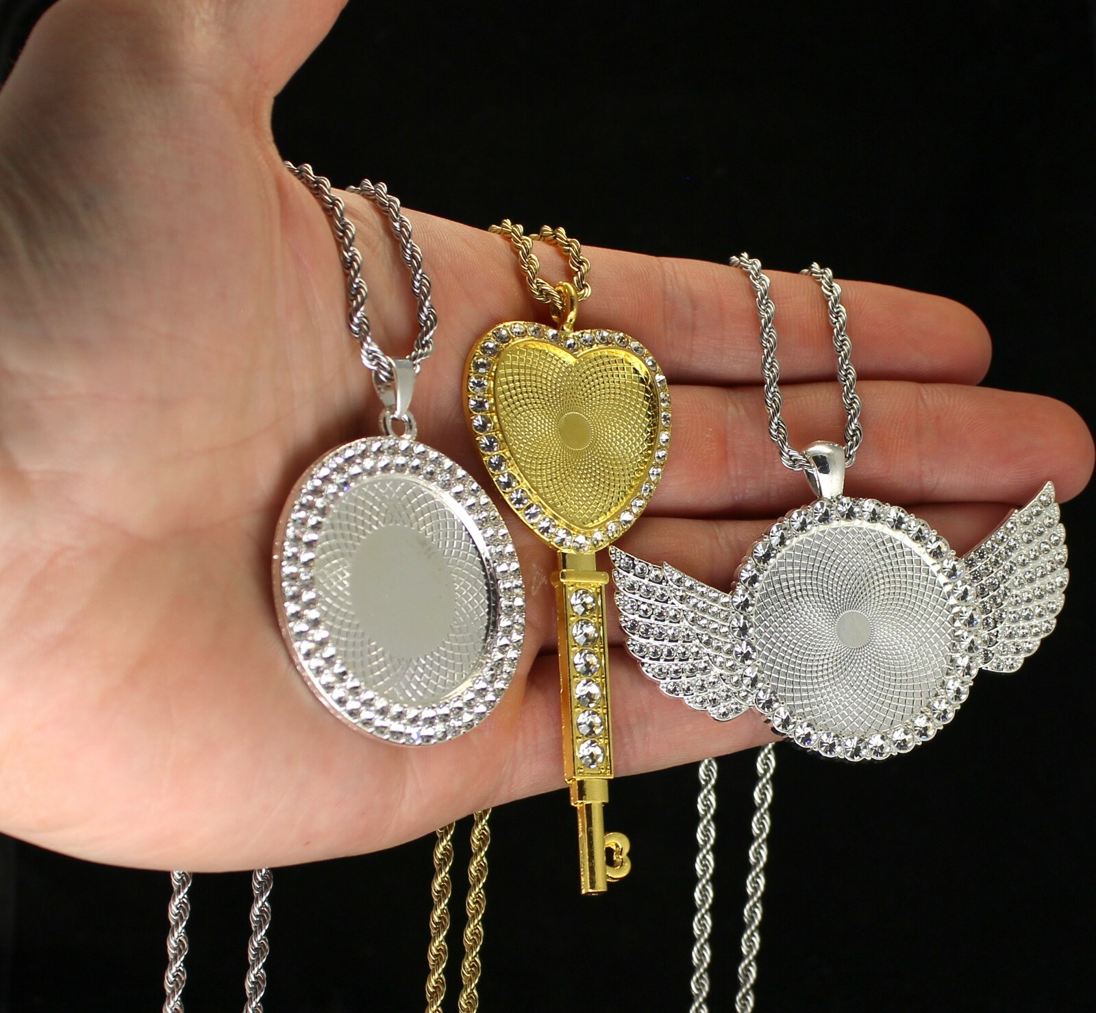 CZ Photo Pendant 14k Gold Plated Stainless Steel Rope Chain Picture Included