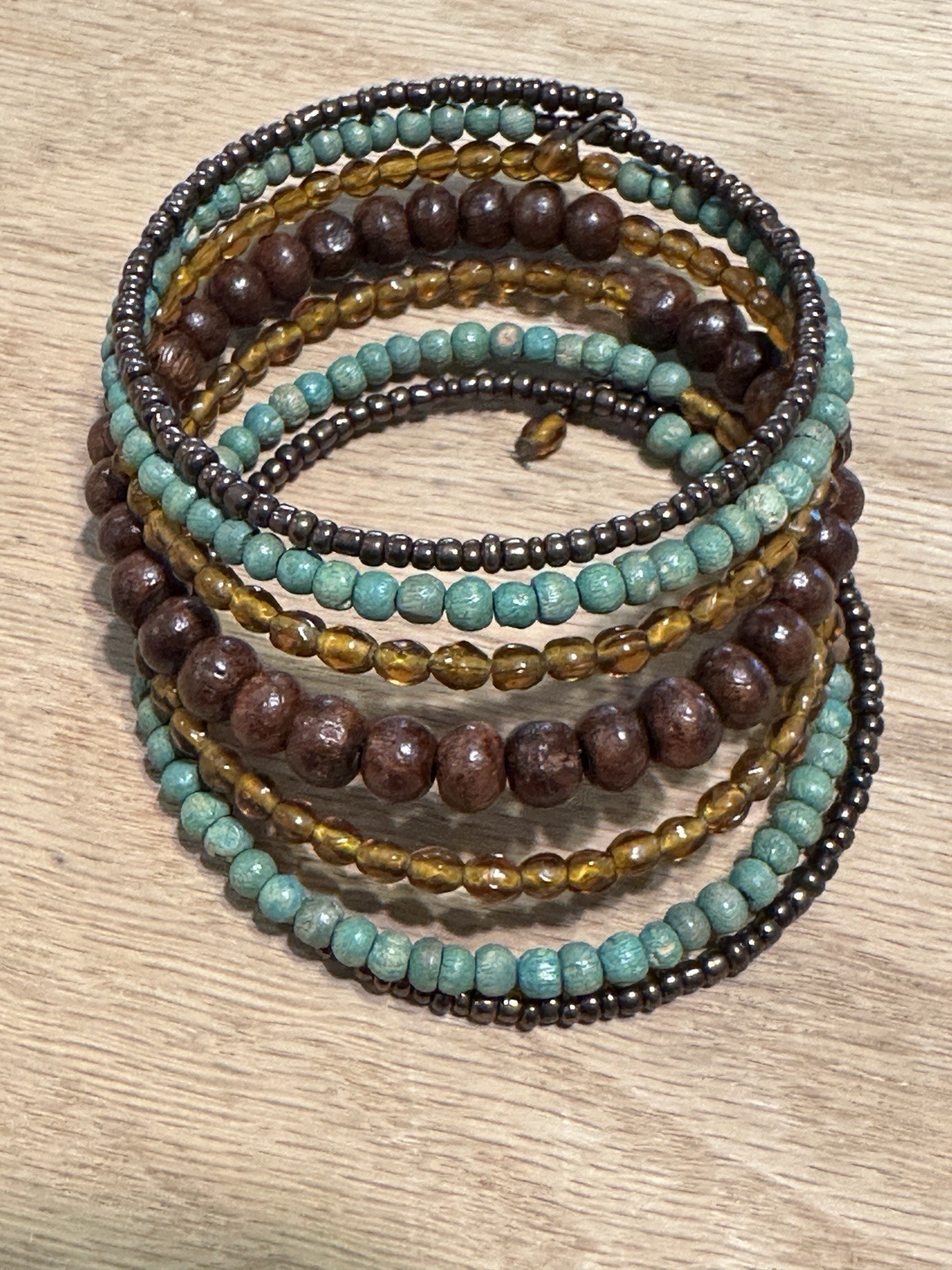 Boho Beaded Wrap Memory Wire Bracelet Multi Color Stacked Earthy Brown