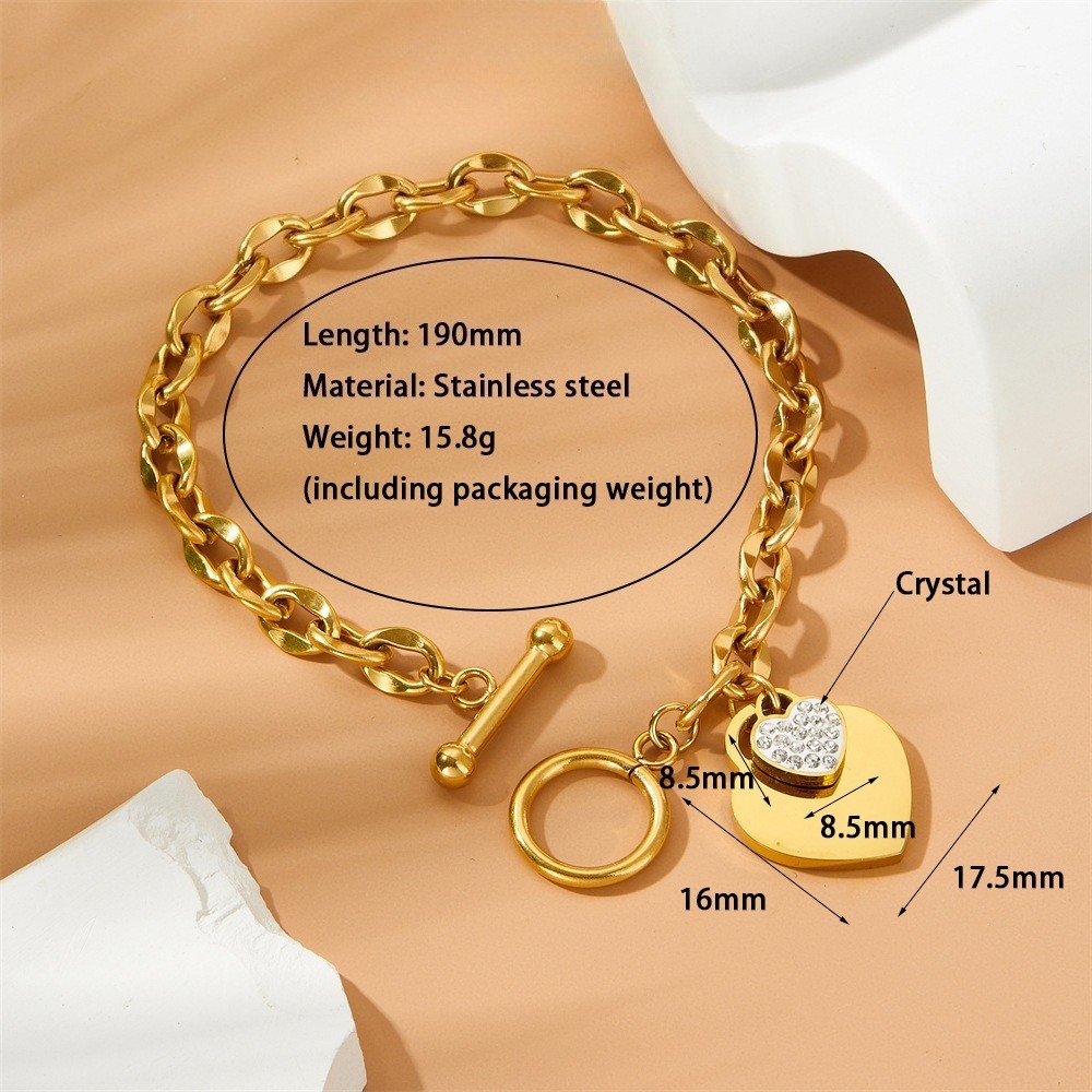 Women’s Heart Inlay Rhinestone Pendant Bracelet OT Buckle Titanium Steel Bracele