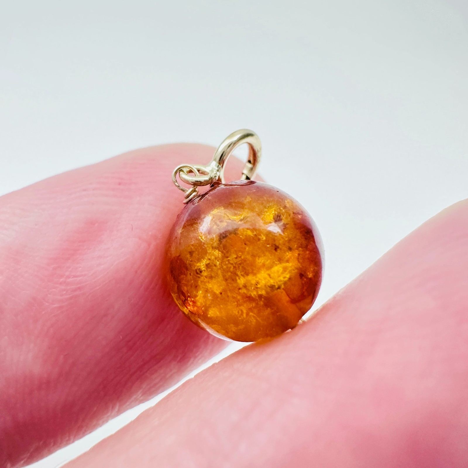 14K Solid Yellow Gold 9mm Round Cognac Baltic Amber Charm Pendant w/Spring Clasp