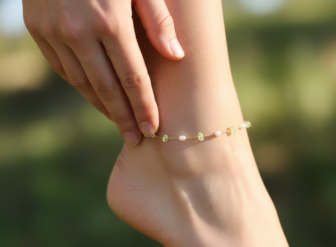 Boho Handmade Gold Color Plated Brass Anklet with Peridot and Pearl Stones