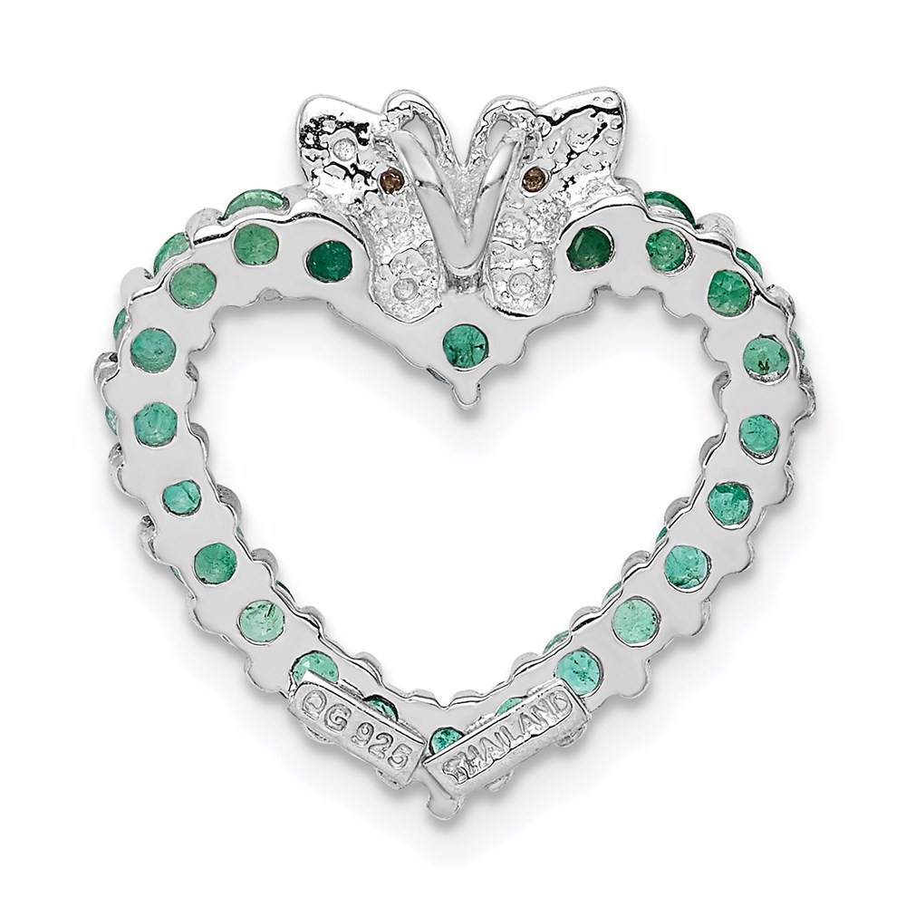 Sterling Silver Rhodium-plated Emerald & Diamond Heart Pendant L-0.79 Inch