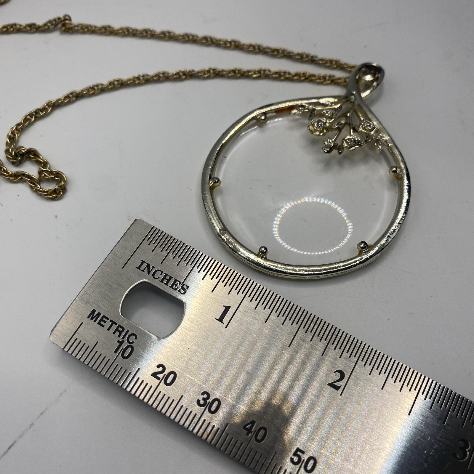 Gold Tone Chain Necklace Clear Glass Teardrop Flower Pendant 32 In Jewelry