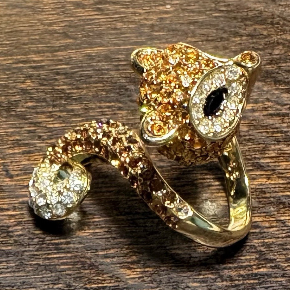 Gold Tone Fox Wrap Cocktail Ring Adjustable Amber Black Round Crystal Accents