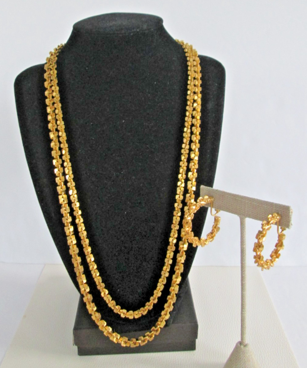 Vgt Golden Nugget 2 Strand Chain Necklace + Matching Clip on Hoop Earrings Retro