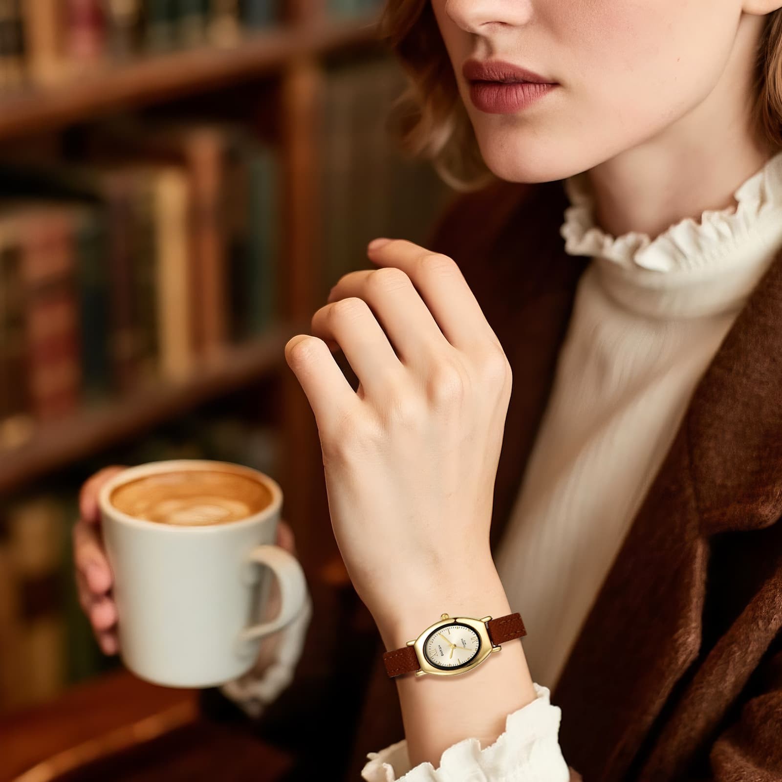 Women’s Oval PU Leather Band Dot Dial Wrist Watch for Casual Everyday Fashion