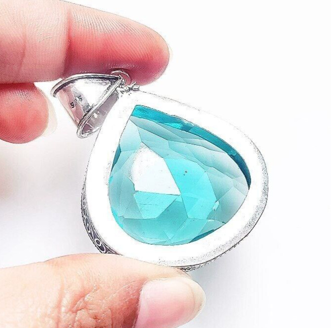Swiss Blue Topaz Gemstone 925 Sterling Silver Handmade Jewelry Pendant 1.8″