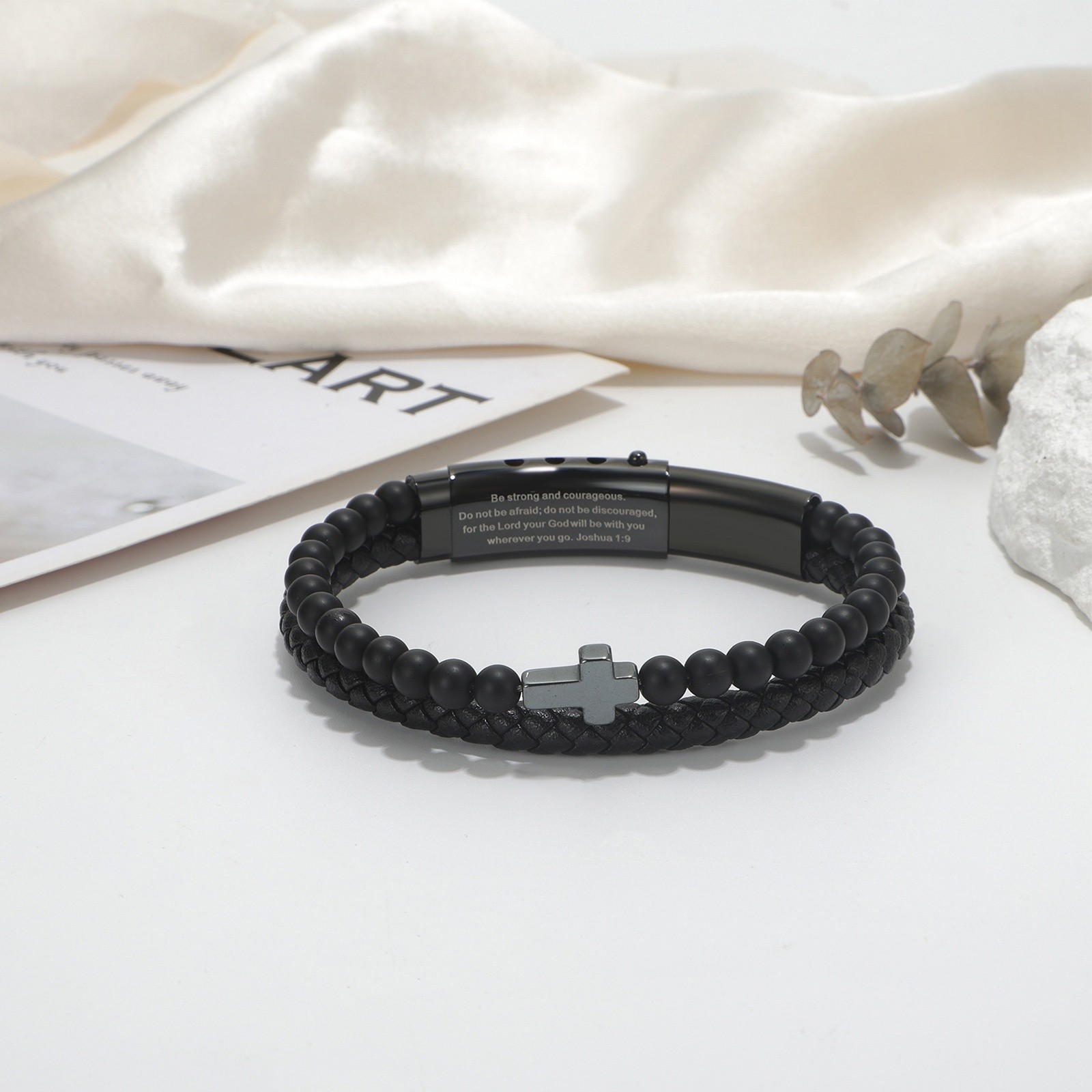 Men’s Inspirational Bible Verse Cross PU Leather Bracelet Braided Christian Cuff