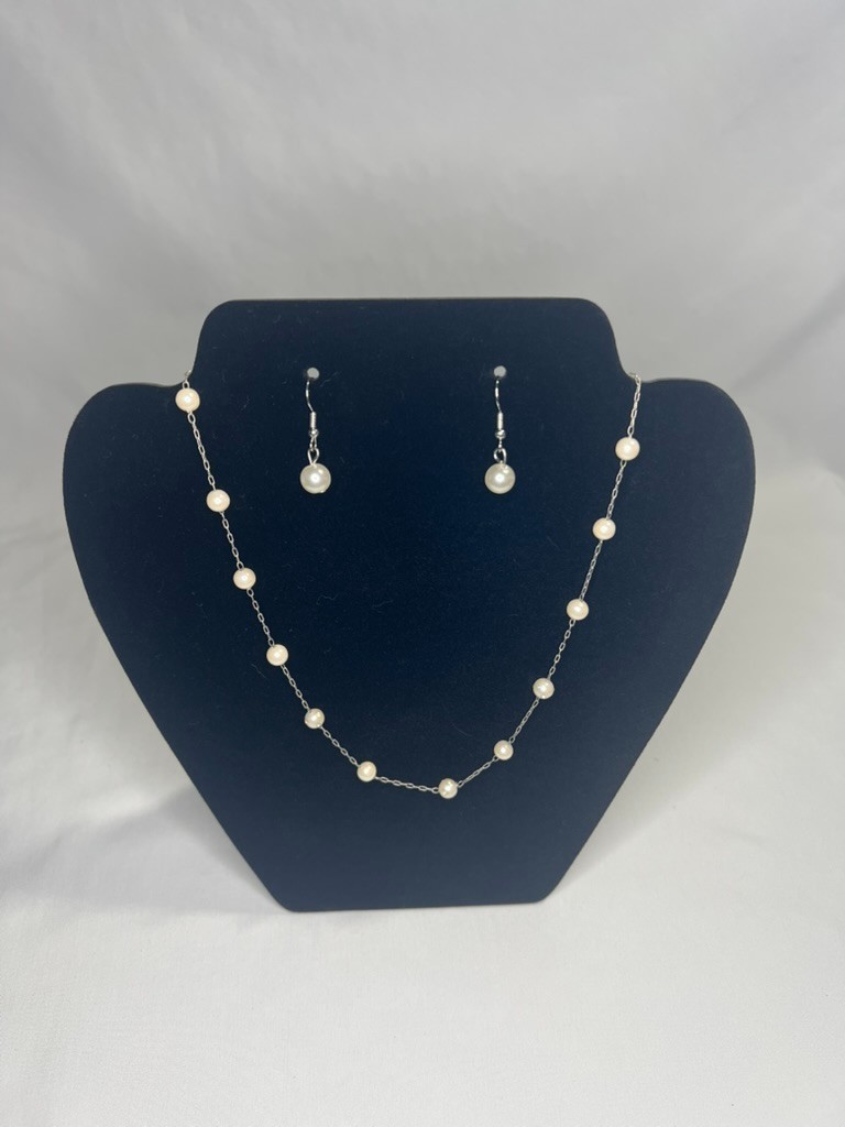 4Pc Faux Pearl Jewelry Set Layered Station Chain Necklace Dangle Earrings Silver