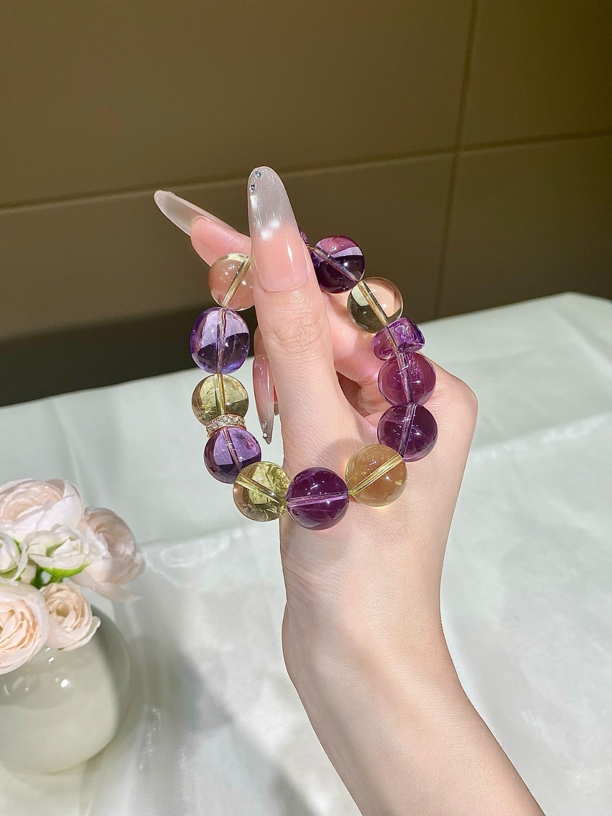 LUSA FEELA Natural Amethyst Citrine Crystal Beaded Stretch Bracelet Gift Box