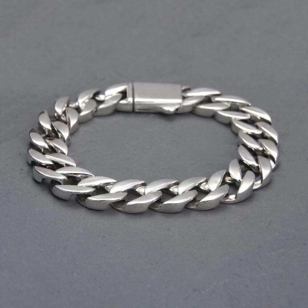 Pure S925 Sterling Silver Chain 13mm Cuban Curb Link Bracelet 7.1-8.7inch