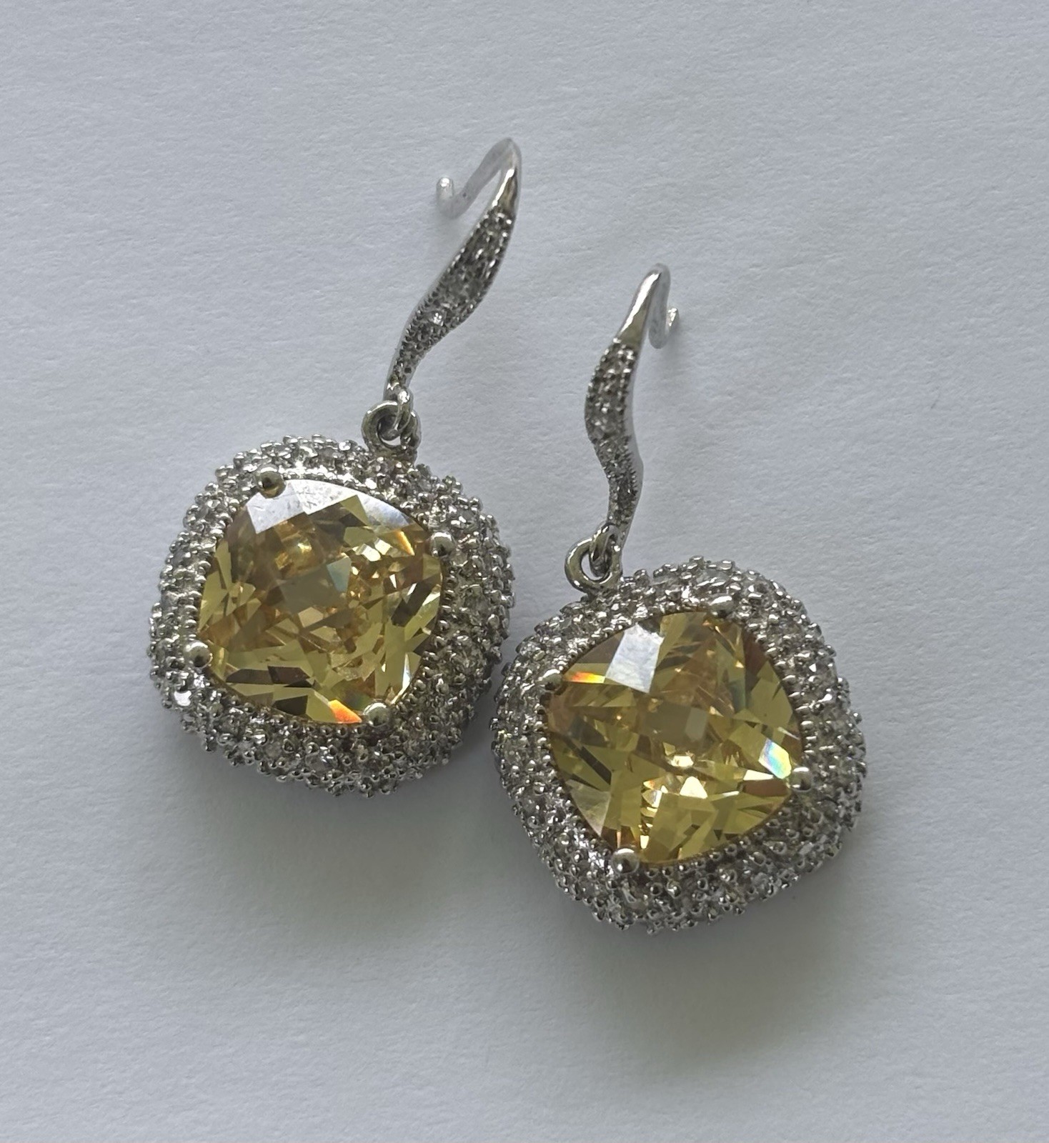 925 Sterling Silver Yellow Cushion Cut Halo Drop Earrings – Unknown Gemstone