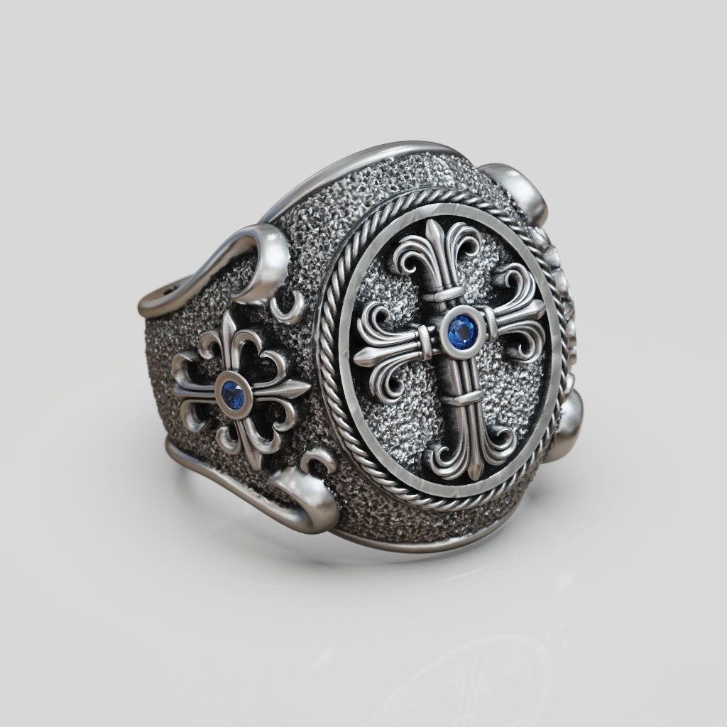Oxidized Men’s Religious Christianity Cross 925 Sterling Silver Statement Rings