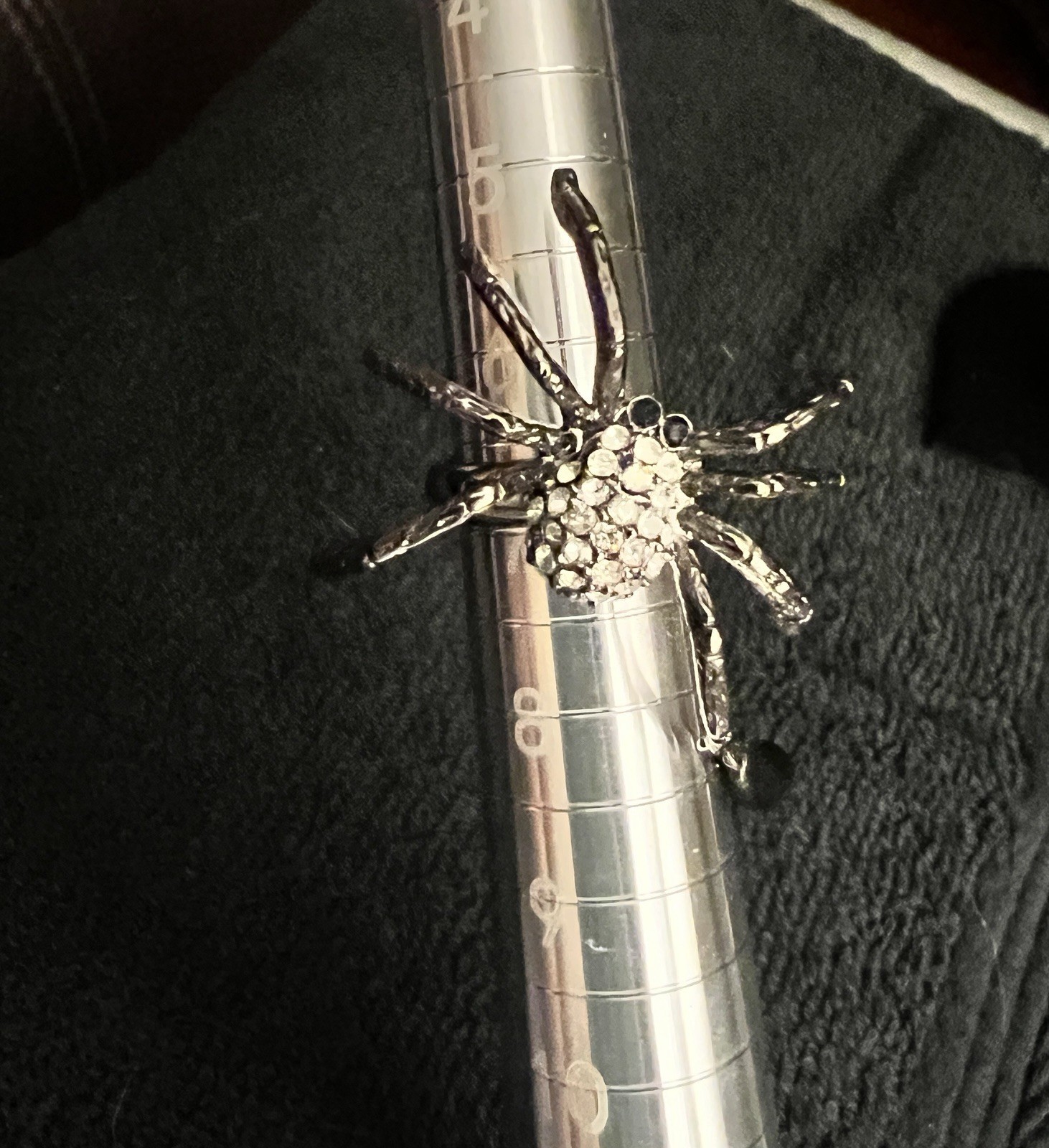 Vintage Betsey Johnson Spider Ring Clear & Black Crystals Dangly Black Bead