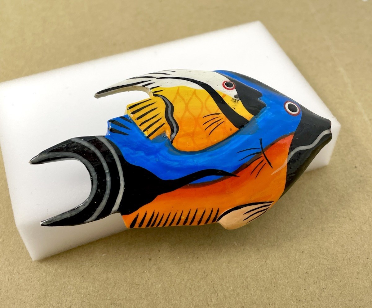 Vintage Colorful Tropical Fish Brooch Blue Orange Black Estate Statement Piece