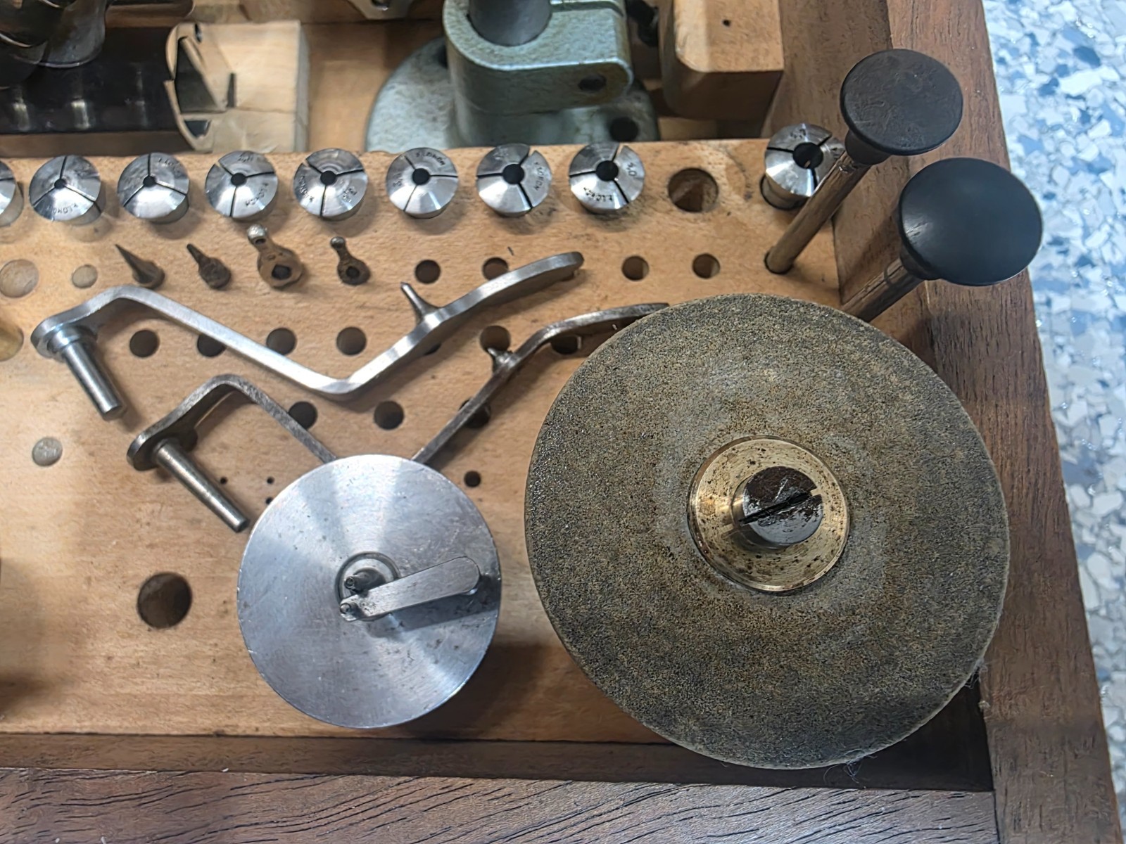 Watchmakers Lorch 8mm Lathe Kit Box Vintage Cross Slide, face plate, original