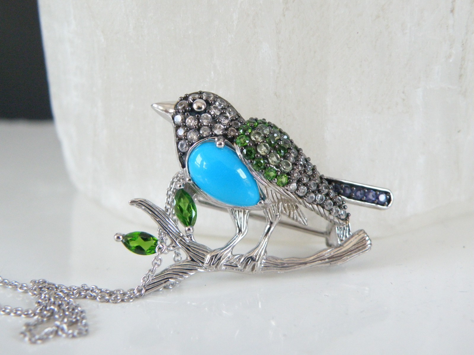 Victoria Wieck Sterling Silver 925 Turquoise Gemstone Bird Brooch Slide Necklace