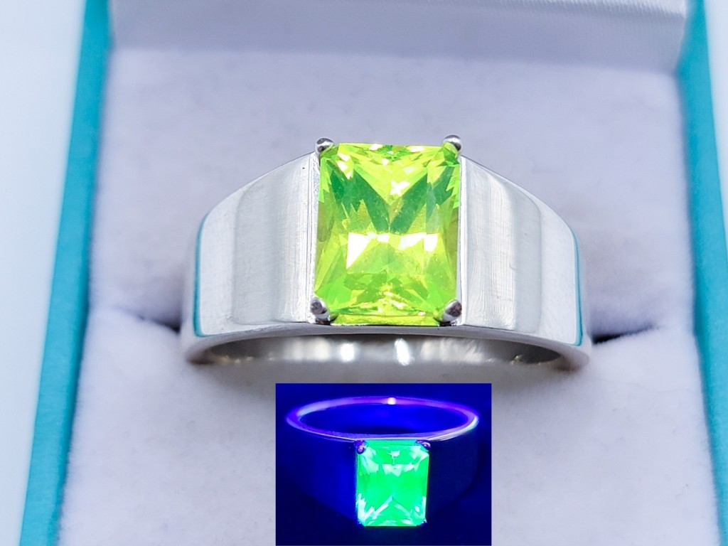 Sterling Men’s LuAG Ring UV Lutetium Aluminum Garnet Lab 8ct Emerald Cut 925