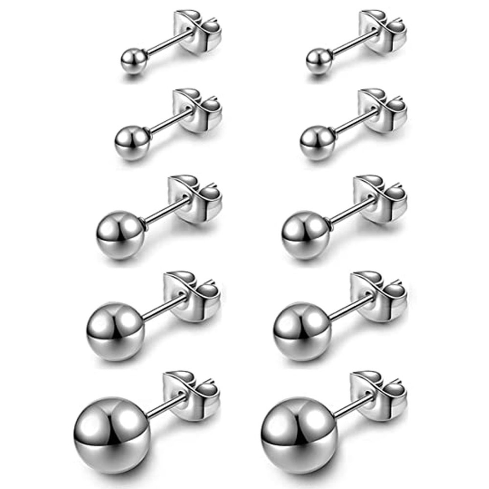 10 Pairs/lot 2-6mm Steel Ball Stud Earrings Smooth Stainless Steel Ear Studs Set