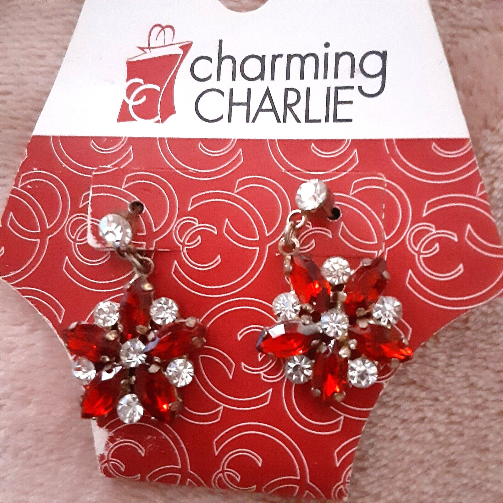 NWT Charming Charlie special occasion red sparkly 1″ earrings