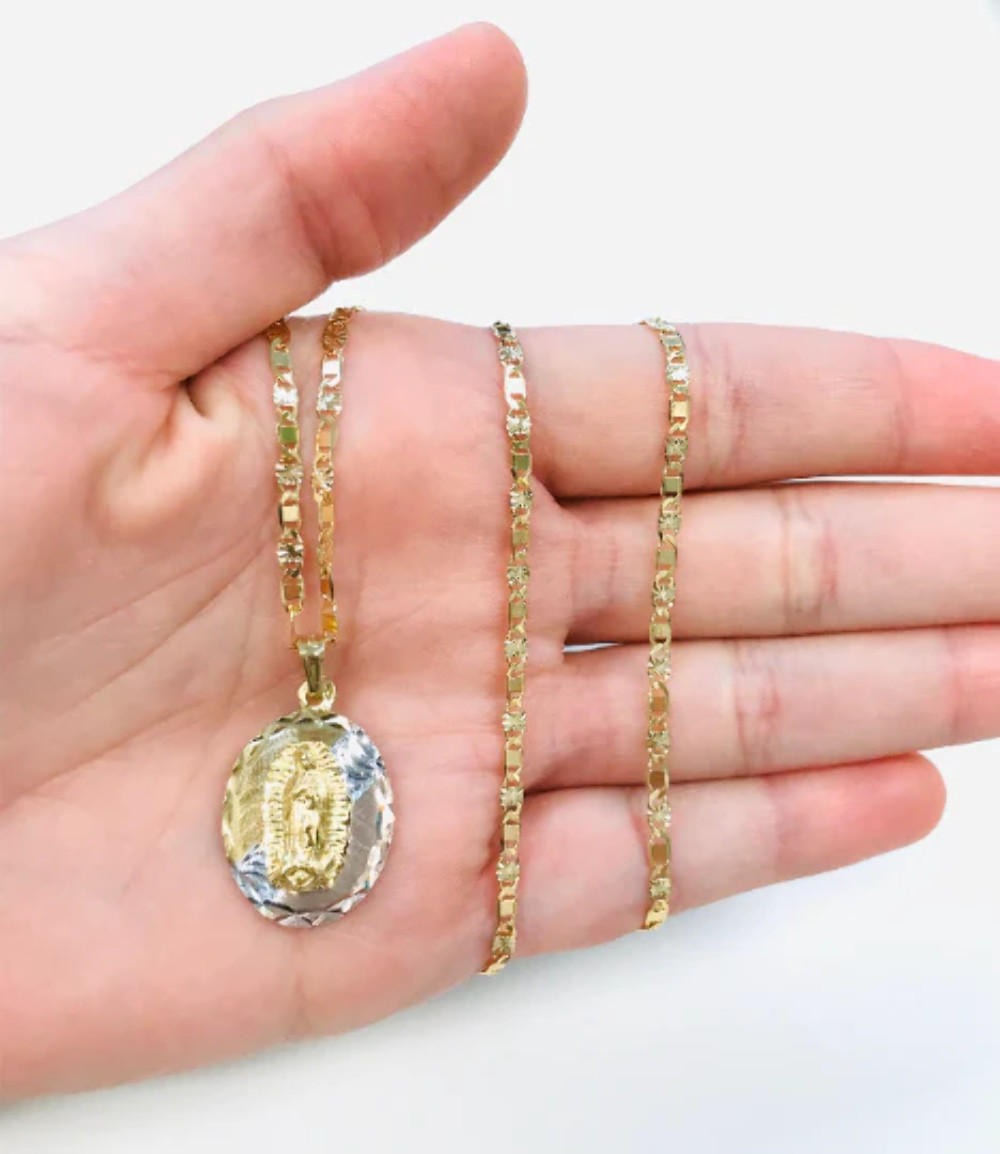 14K Real Gold Filled Virgen De Guadalupe Necklace 20”, Cadena Y Medalla Set Oro