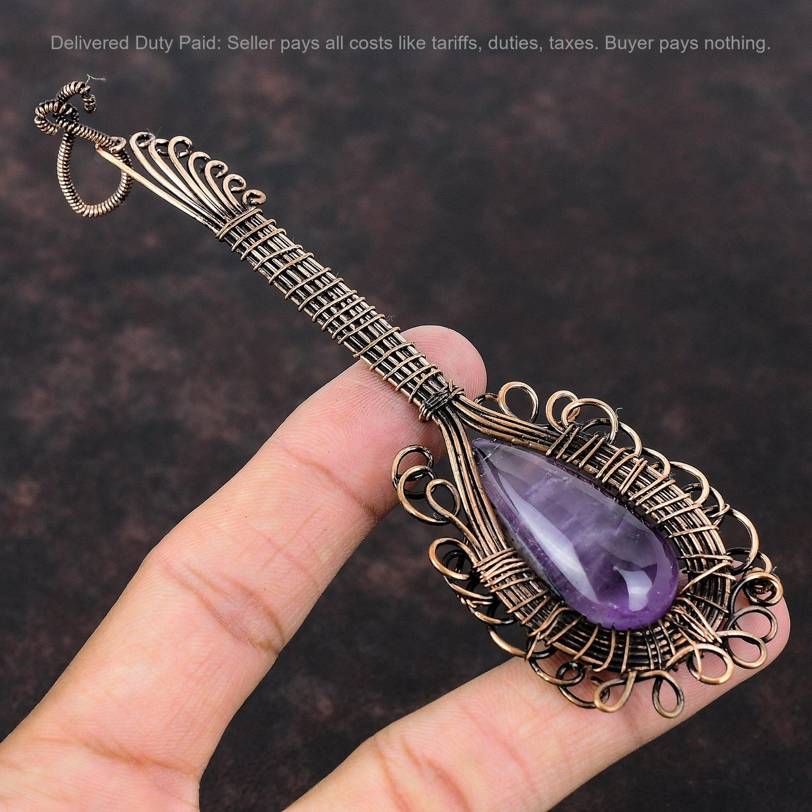 African Amethyst Stone Guitar And Wire Wrapped Birthday Pendant Jewelry Copper