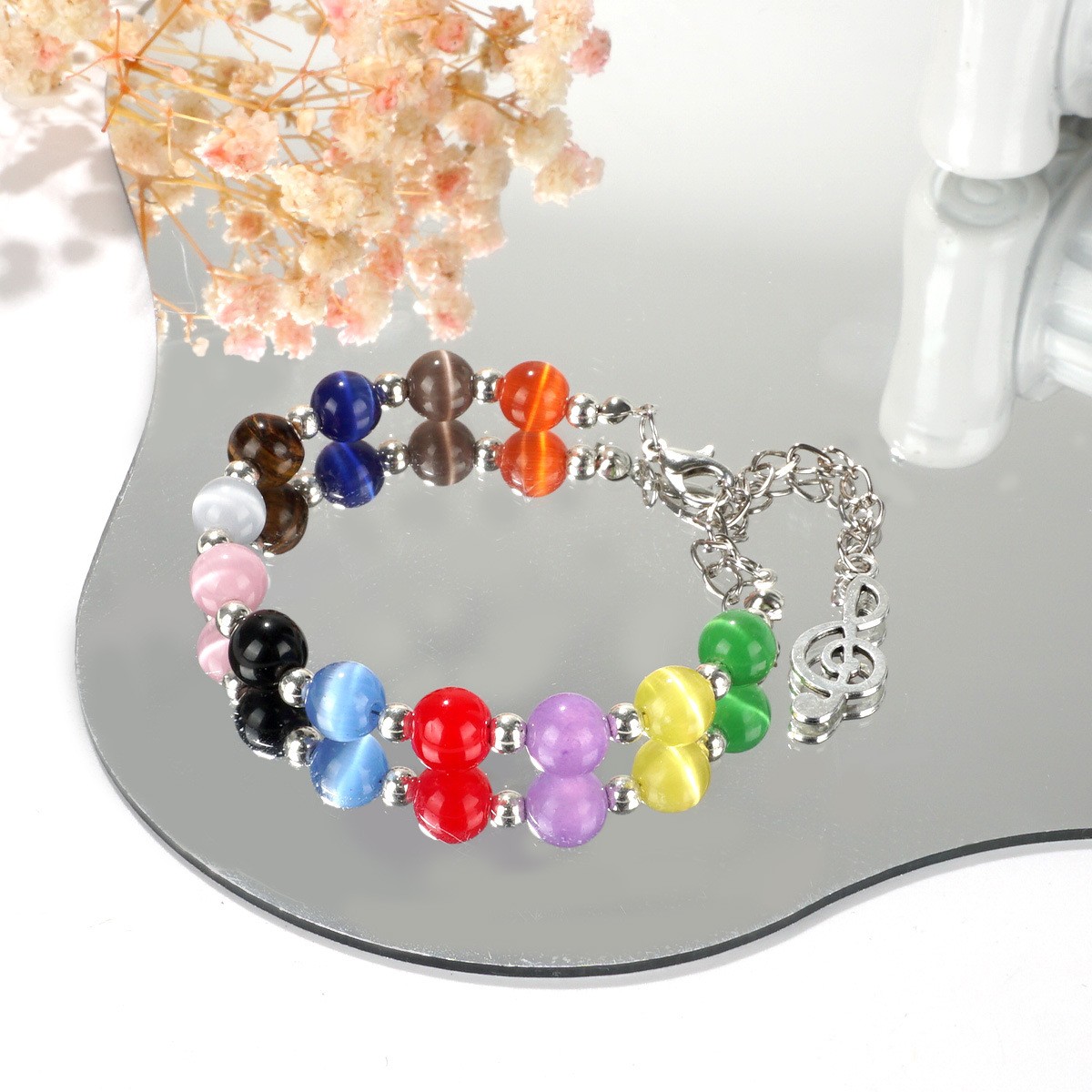 Women’s Fashion Bracelet with Exquisite Beads of Natural Rainbow Cat’s Eye