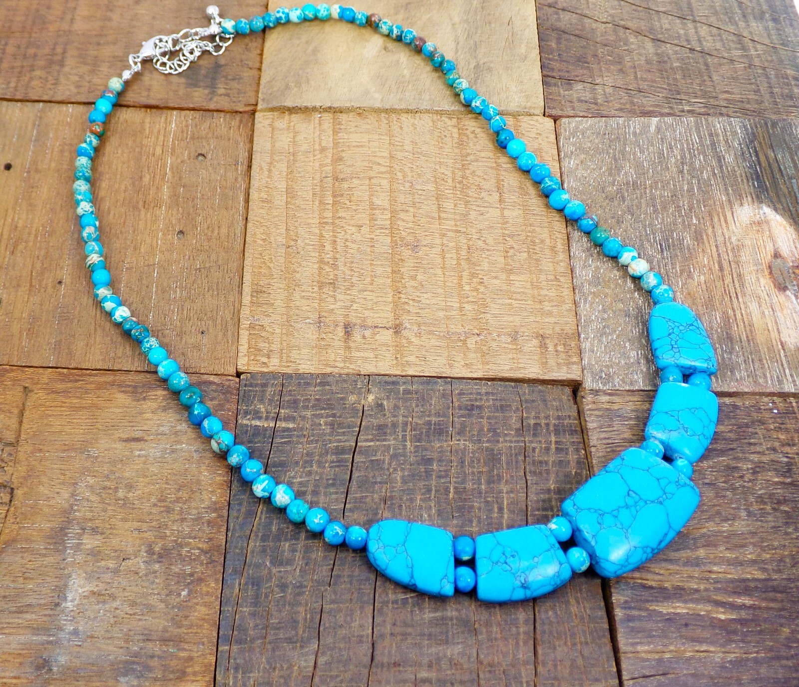 Turquoise stone necklace with large stones in front, small round bead neck New