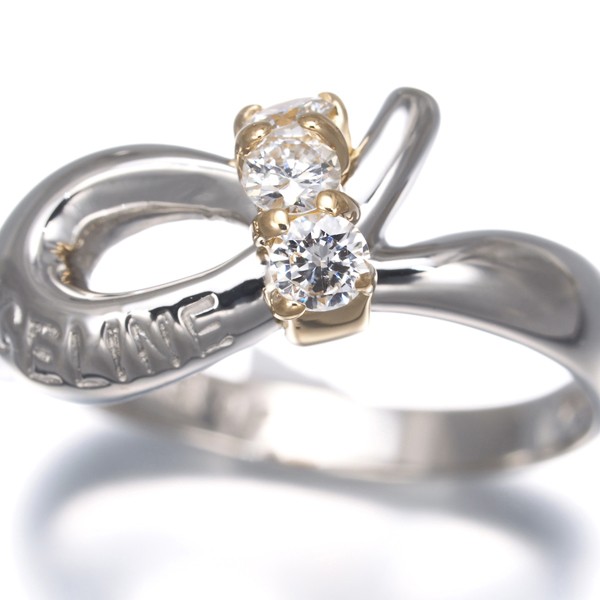 Auth CELINE Ring Diamond 0.2ct Logo Bicolor US6-6.25 Pt 900/18K YG