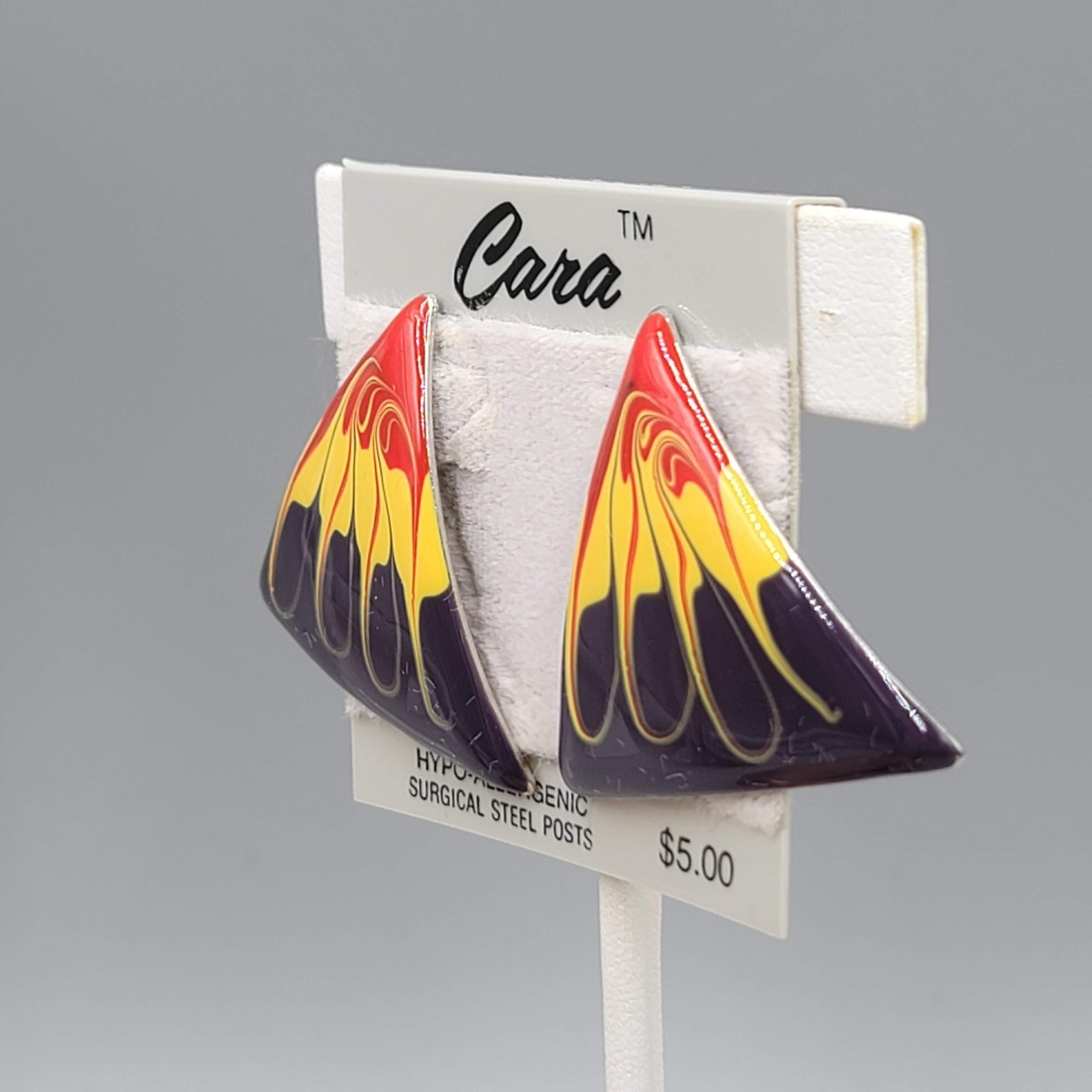 Vintage Black Yellow Red Triangle Enamel Cara Pierced Earrings NOS Prop 1.25″