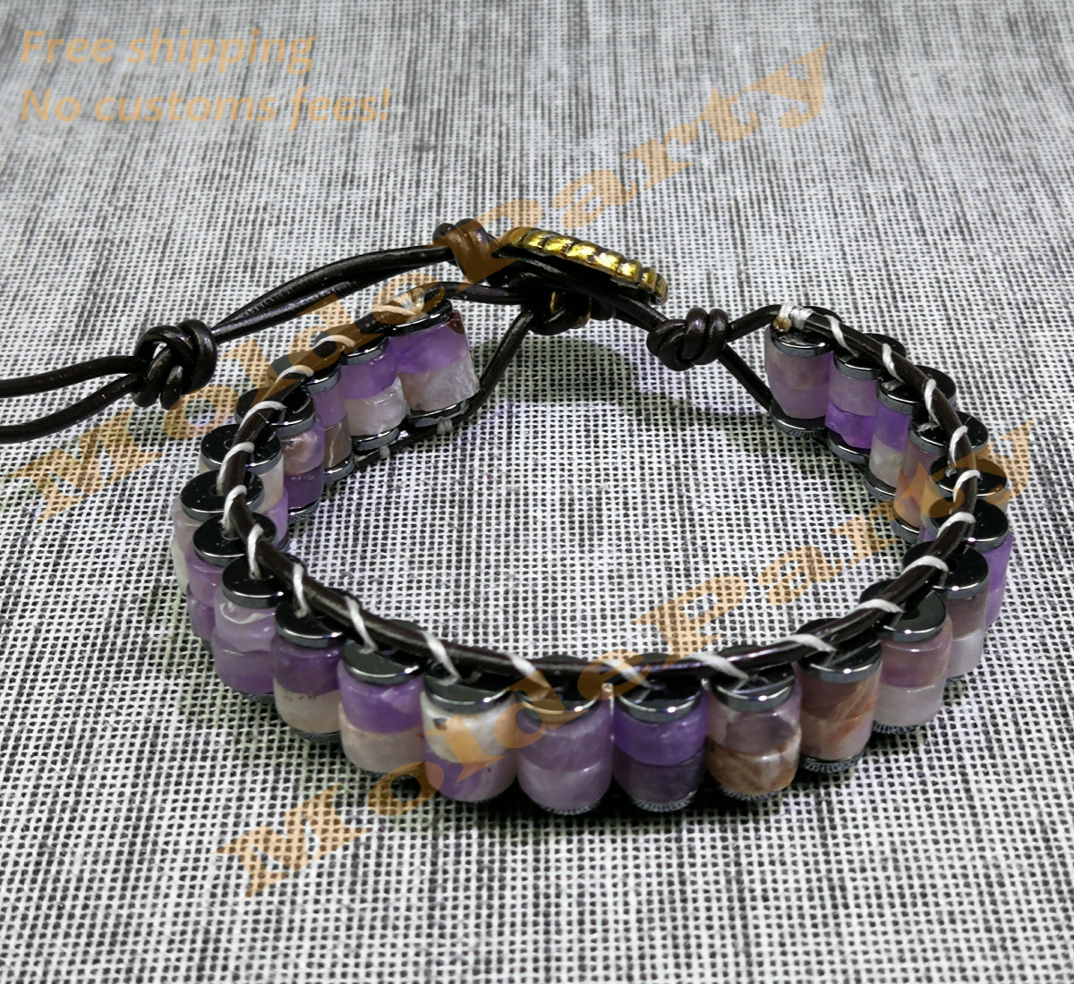 Handmade Natural Gemstone Mauve Jade Beaded Leather Bracelet Gift Healing Reiki