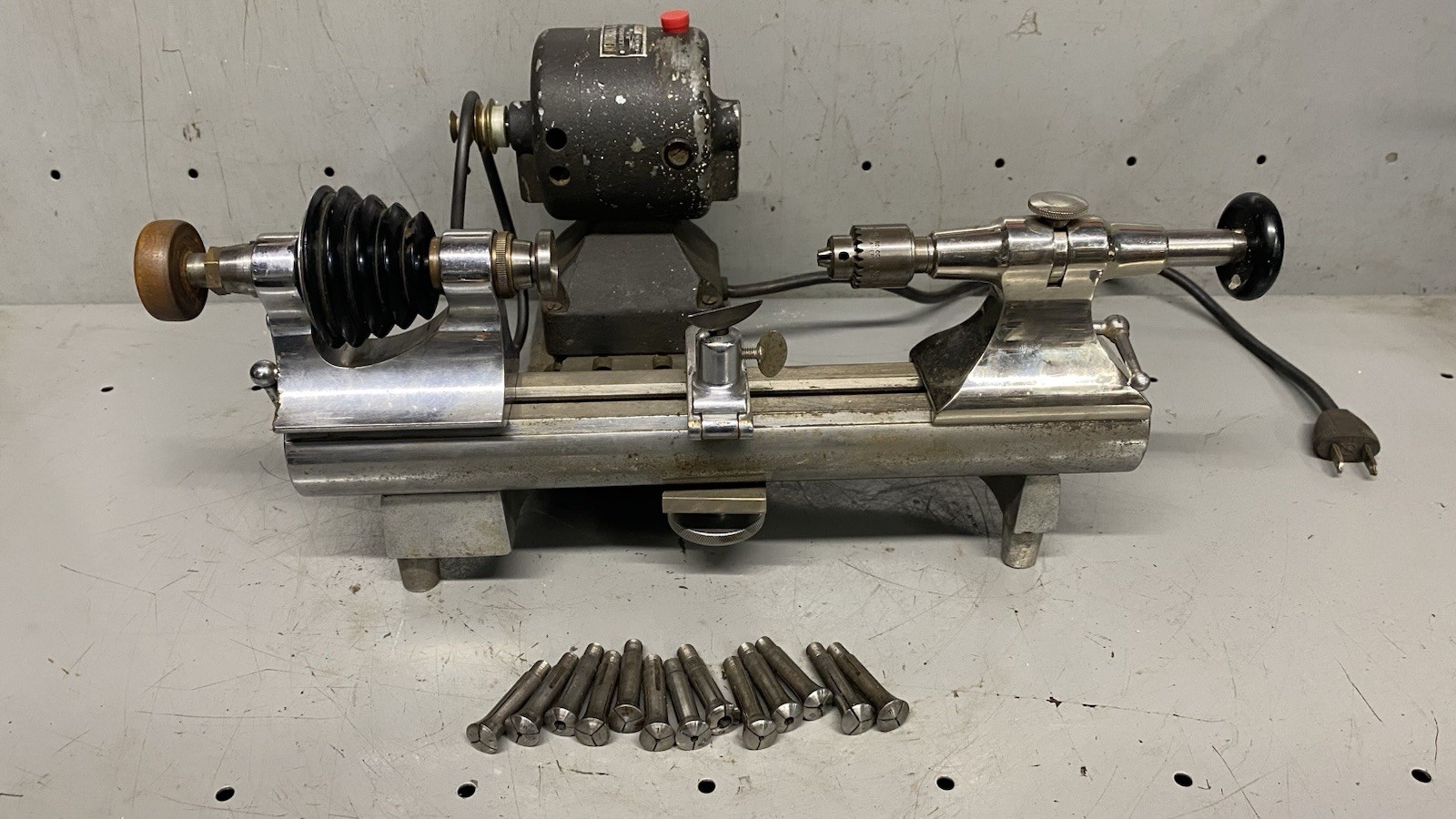 Vintage Peerless Marshall Watchmaker Lathe, Collet Set W/ Kendrick & Davis Motor