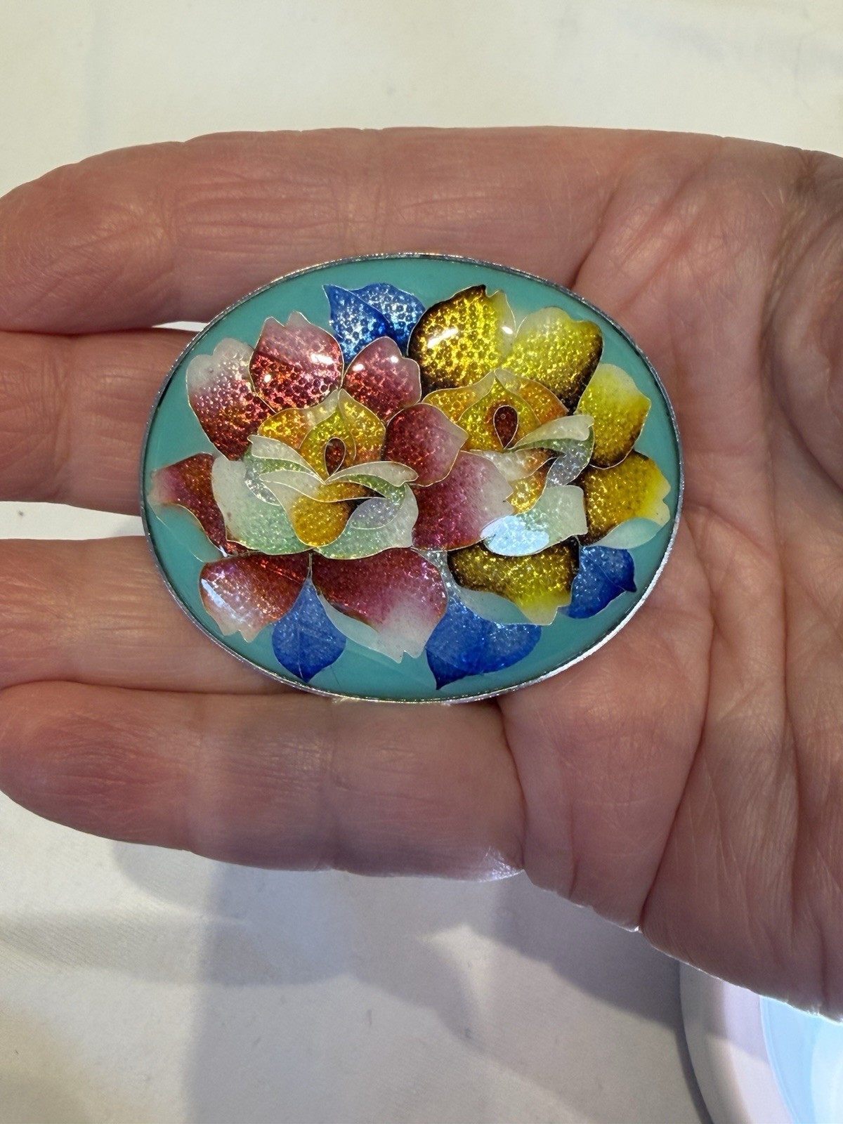 Vintage Japanese Ginbari Foil Cloisonné Enamel Floral Brooch