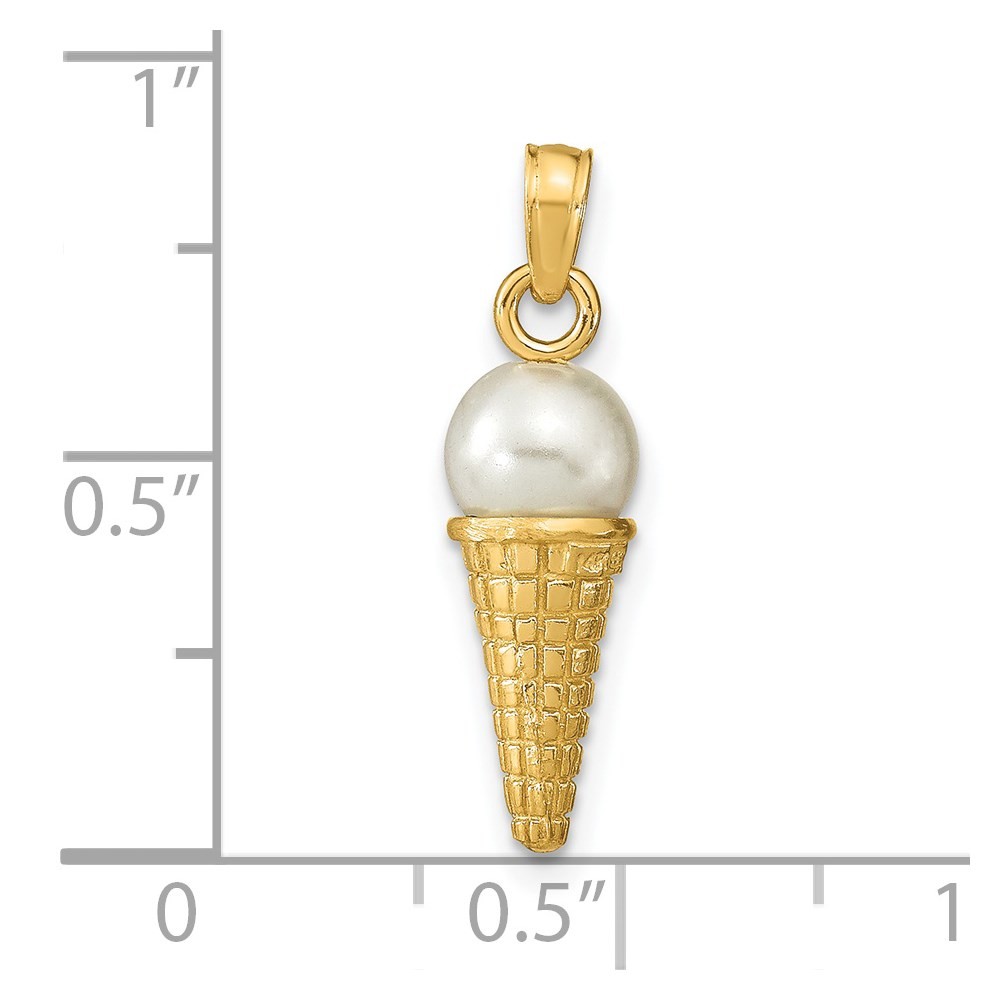 14K Yellow Gold Satin 3D Bead Ice Cream Cone Pendant L-16.15mm W-6.05mm