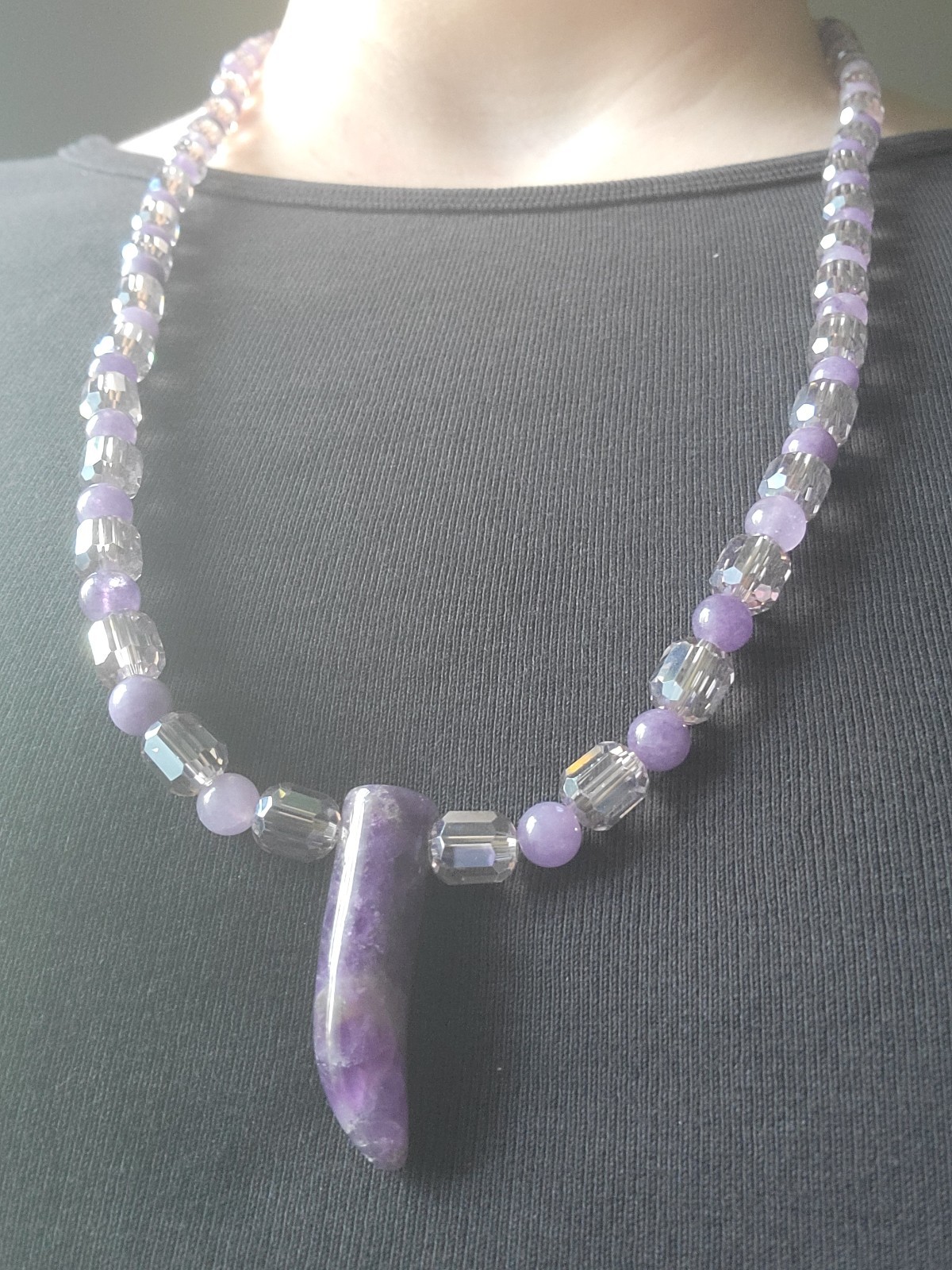 Amethyst Pendant & Lavender Beaded Genuine Crystal Necklace – Artisan Handmade