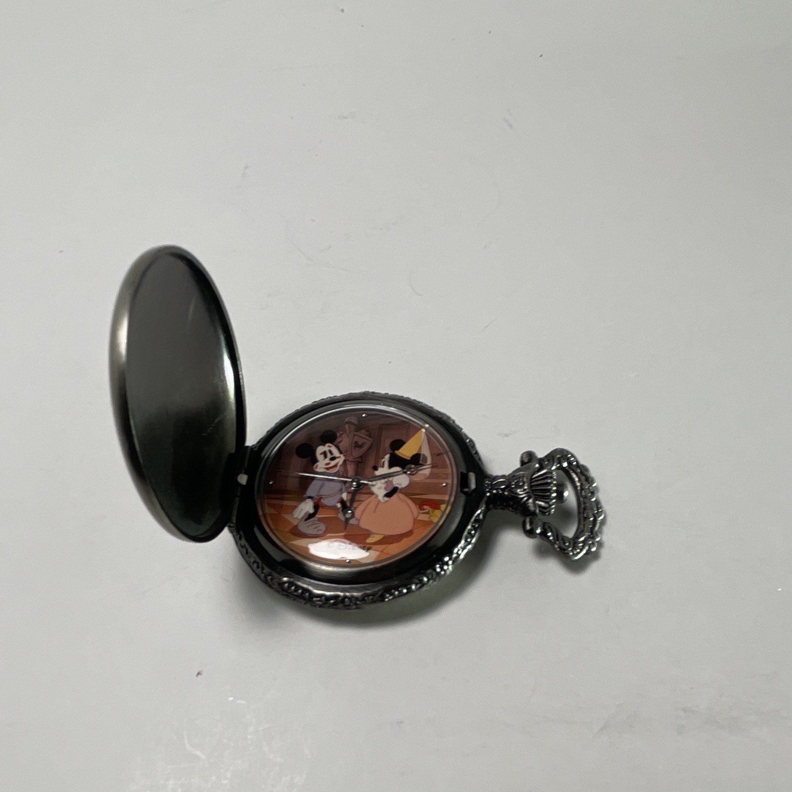 Disney Mickey Mouse Full Hunter Pocket Watch Quartz Analog Silver Tone Metal