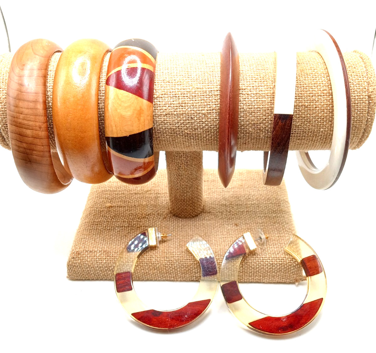 Vtg Boho Wood & Half Wood Lucite Bangle Bracelets w Lg Wood Lucite Hoop Earrings