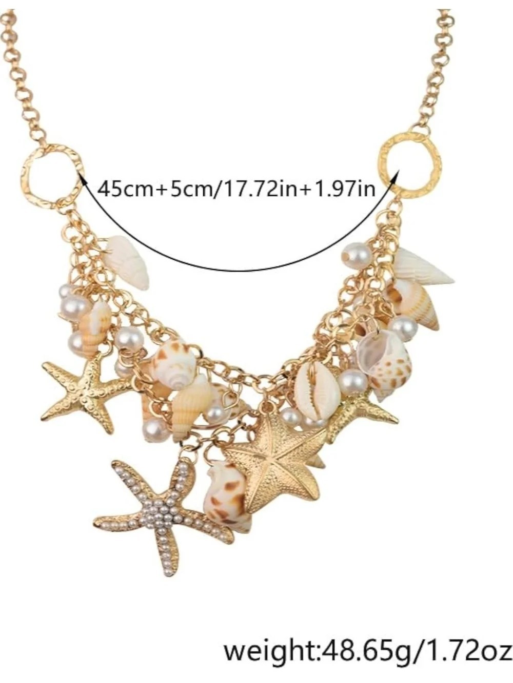 Gold Tone Shell & Pearl Starfish Charm Statement Necklace, Adjustable