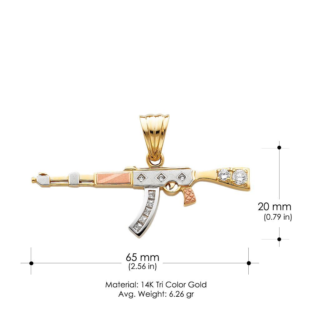 14K Tri Color Gold CZ Rifle Gun Charm Pendant & 1.2mm Box Chain Necklace