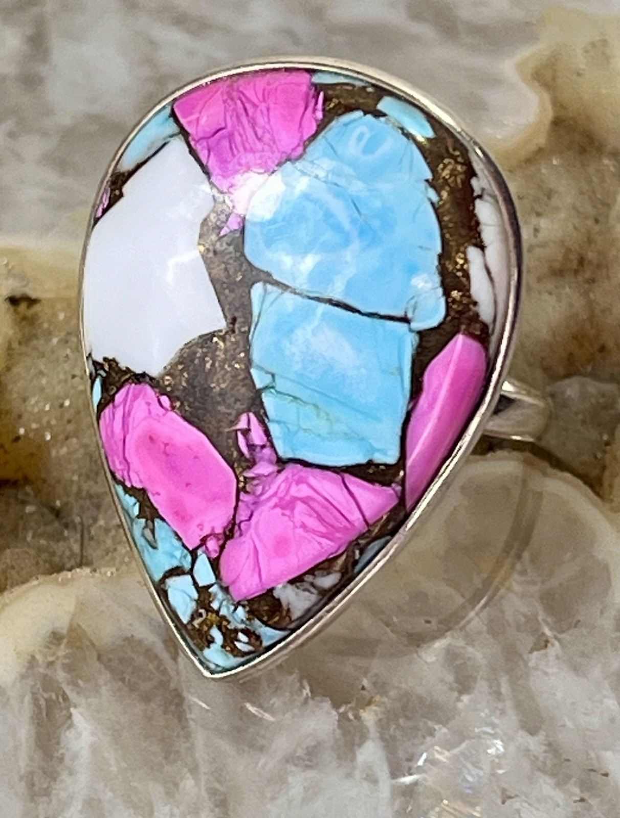 Large Cotton Candy Dahlia Turquoise 925 Sterling Adjustable Southwestern Ring
