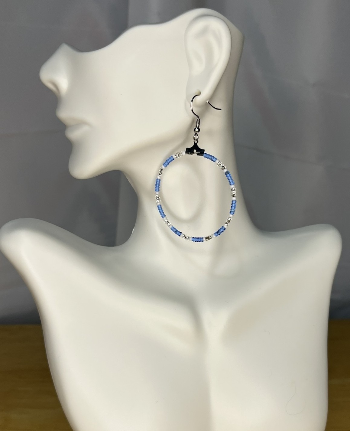 Handmade Beaded Earrings – Blue White Silver hoops