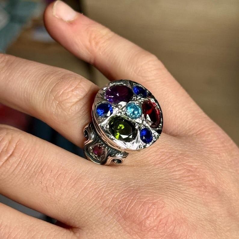 925 Silver Artisan Crafted Multi Stone Engraved Statement Ring