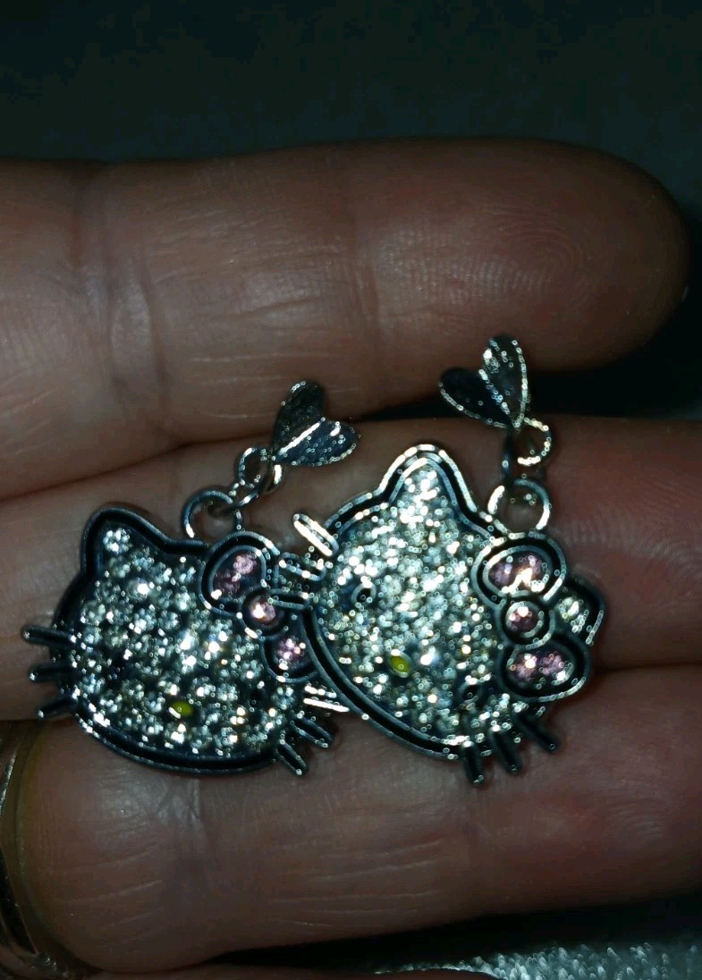Rinestones Embellished Hello Kitty Stud Earrings, Silvertone, Dainty, Dangle