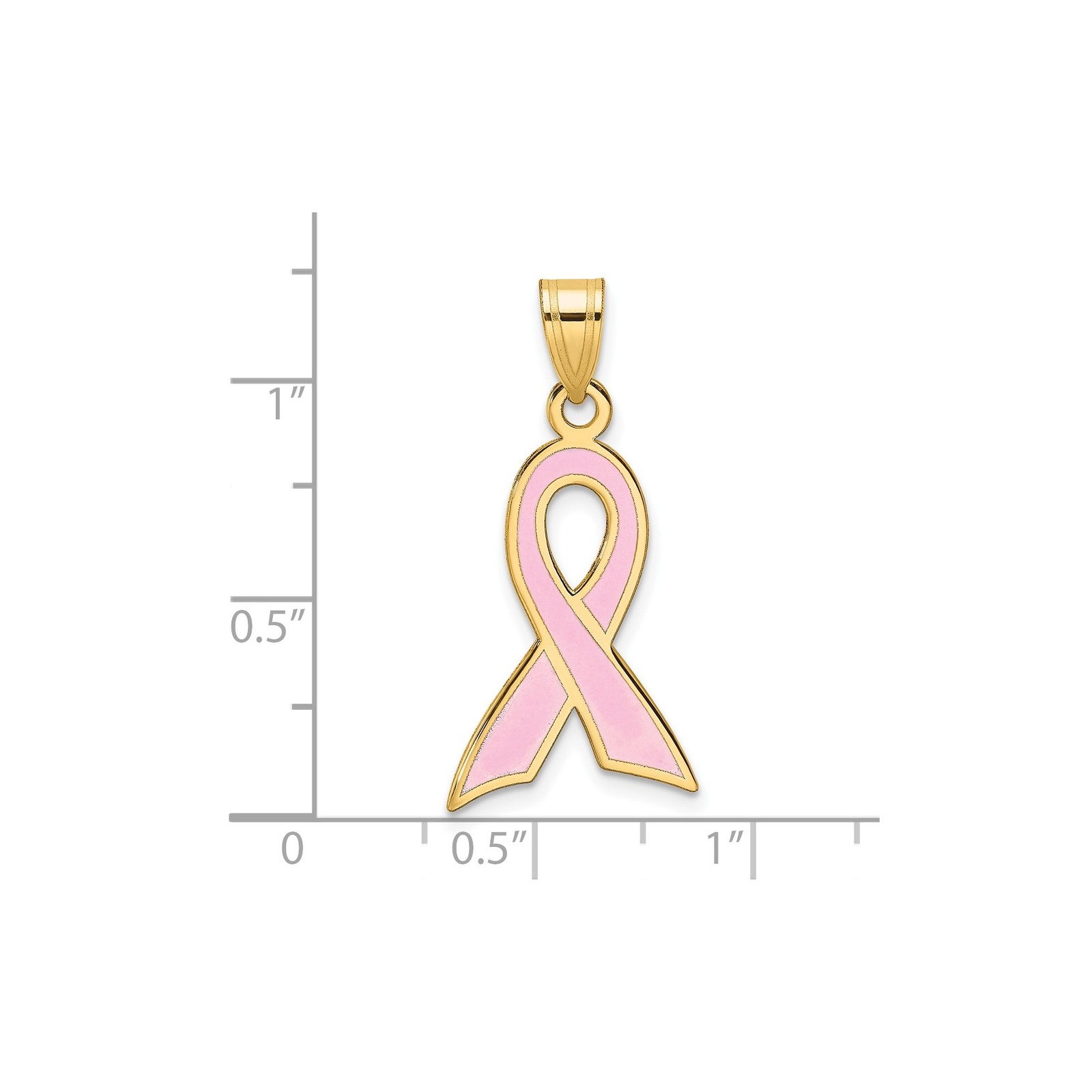 14k Yellow Gold Large Enameled Pink Awareness Ribbon Pendant Necklace Womens